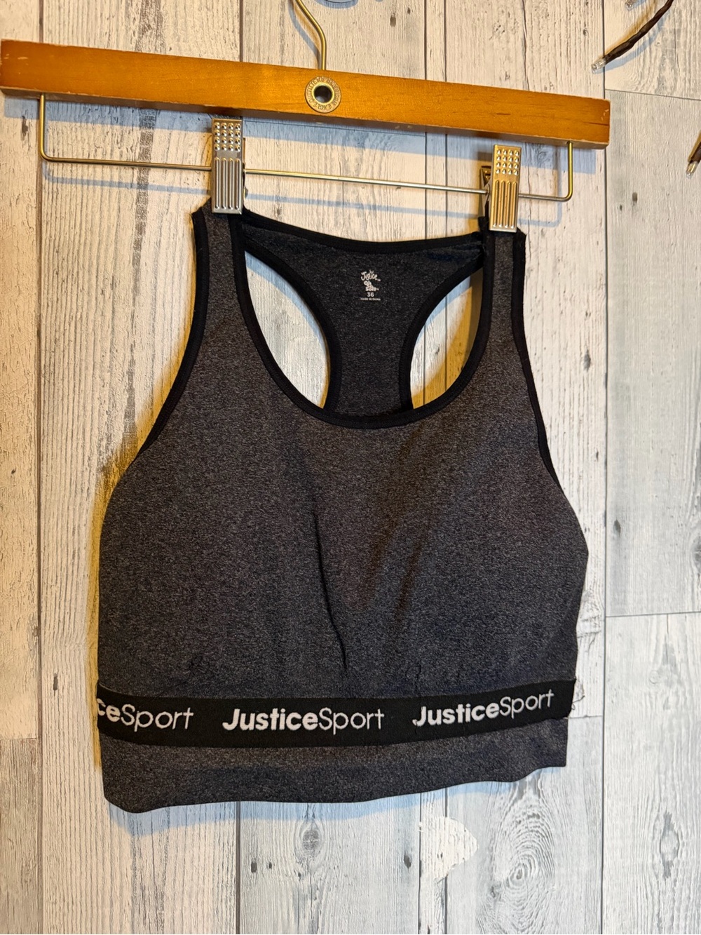 Justice Charcoal Gray Racerback Sports Bra with Logo Band
